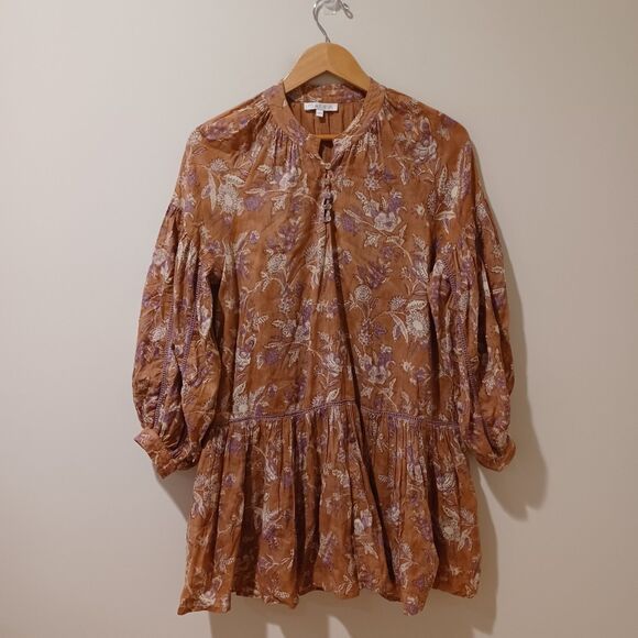 Marea By Liz Joy Brown Floral Cotton Long Sleeve Mini Dress Size XS/S Boho Fall - Picture 1 of 8
